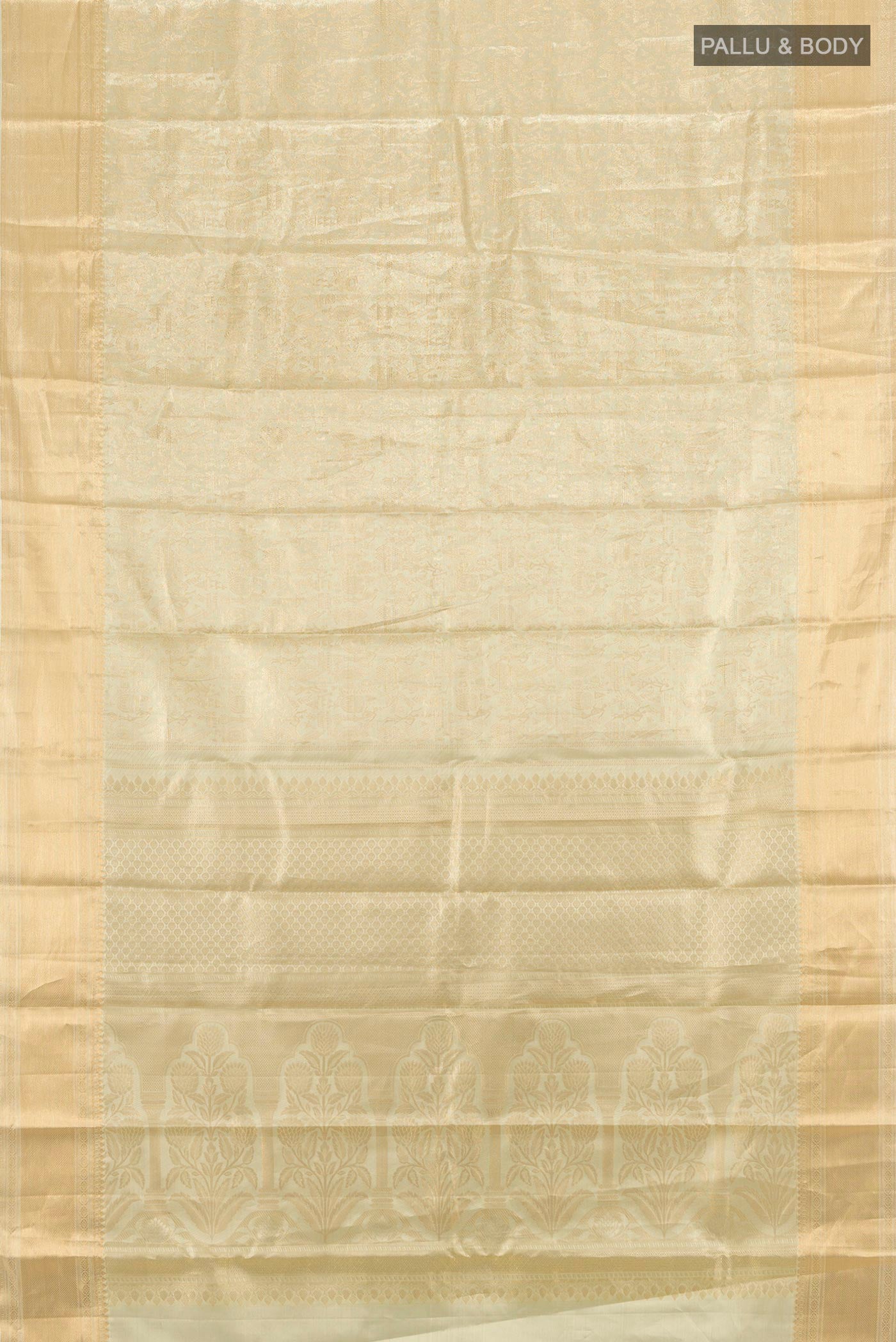 Flat view of Golden Kanchipuram Tissue Silk Saree with Zari Brocade on the body and Zari Border. 