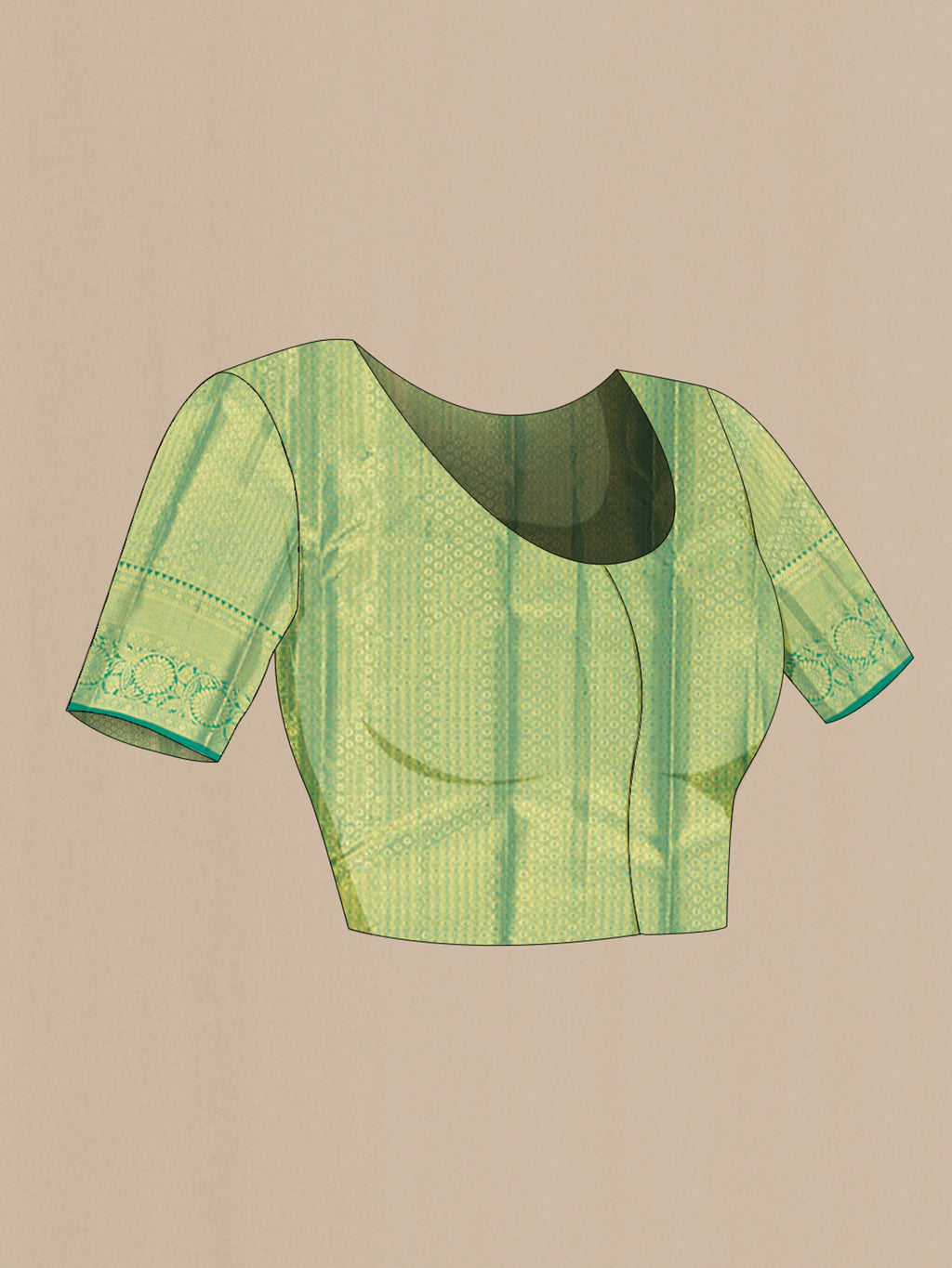 Close up image of the blouse of Light Green Kanchipuram Tissue Silk Saree with Zari Brocade on the body and Zari Border. 