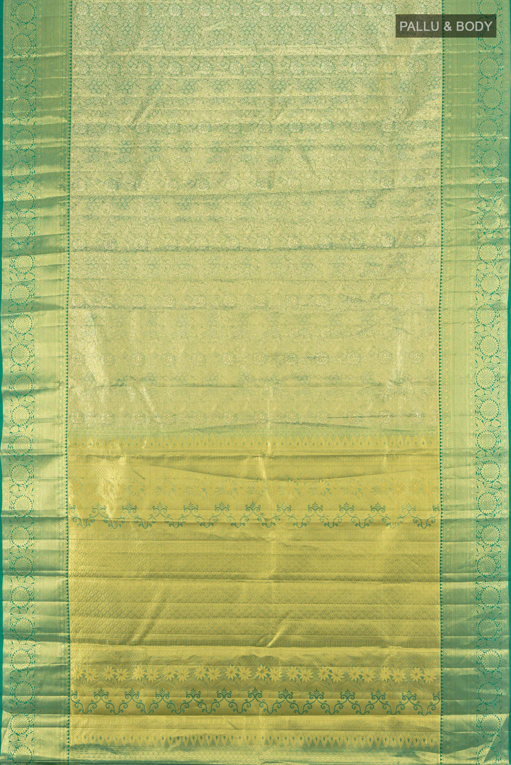 Flat view of Light Green Kanchipuram Tissue Silk Saree with Zari Brocade on the body and Zari Border. 