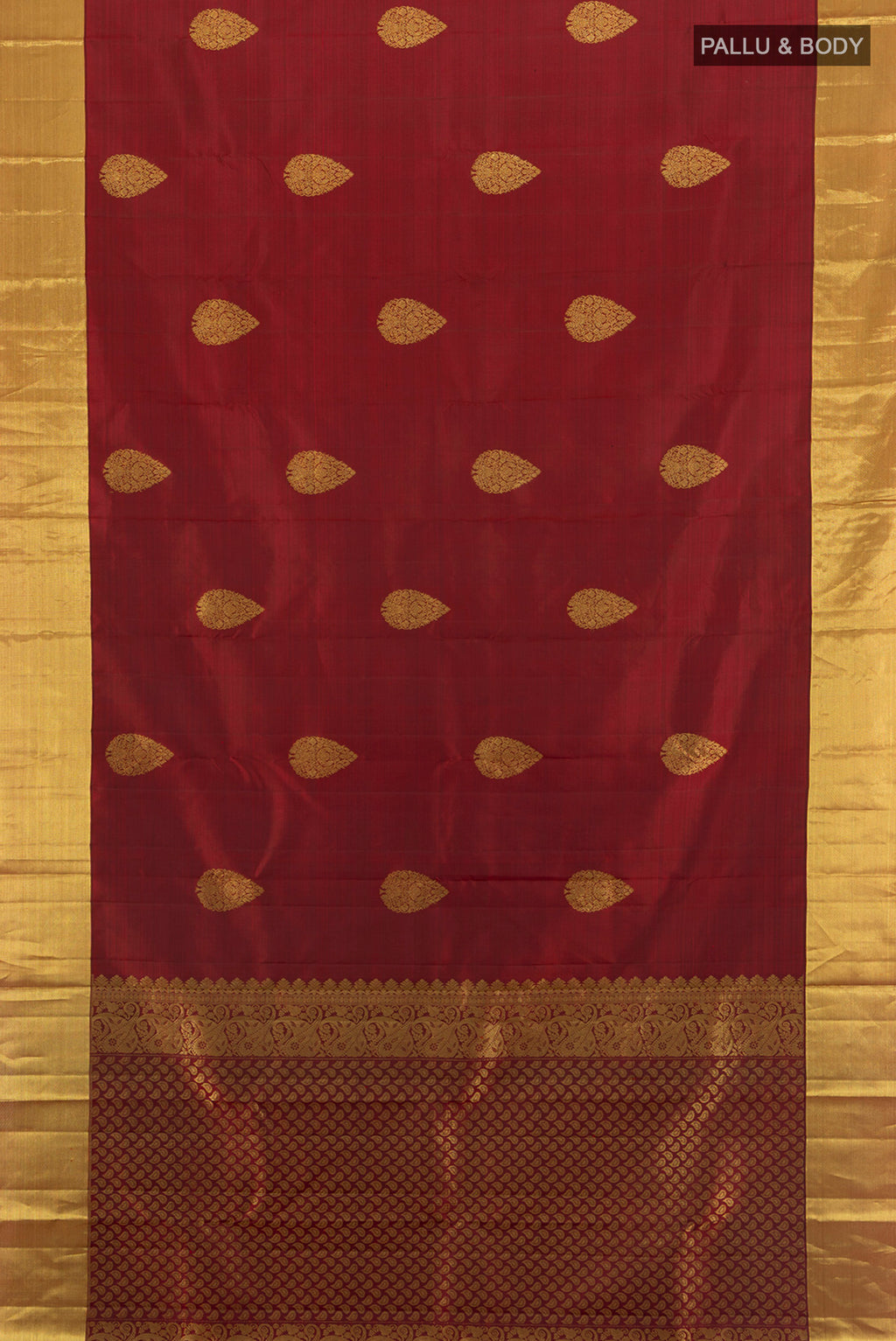 Flat view of Maroon Kanchipuram Silk Saree with Zari Butta on the body and Zari Border. 