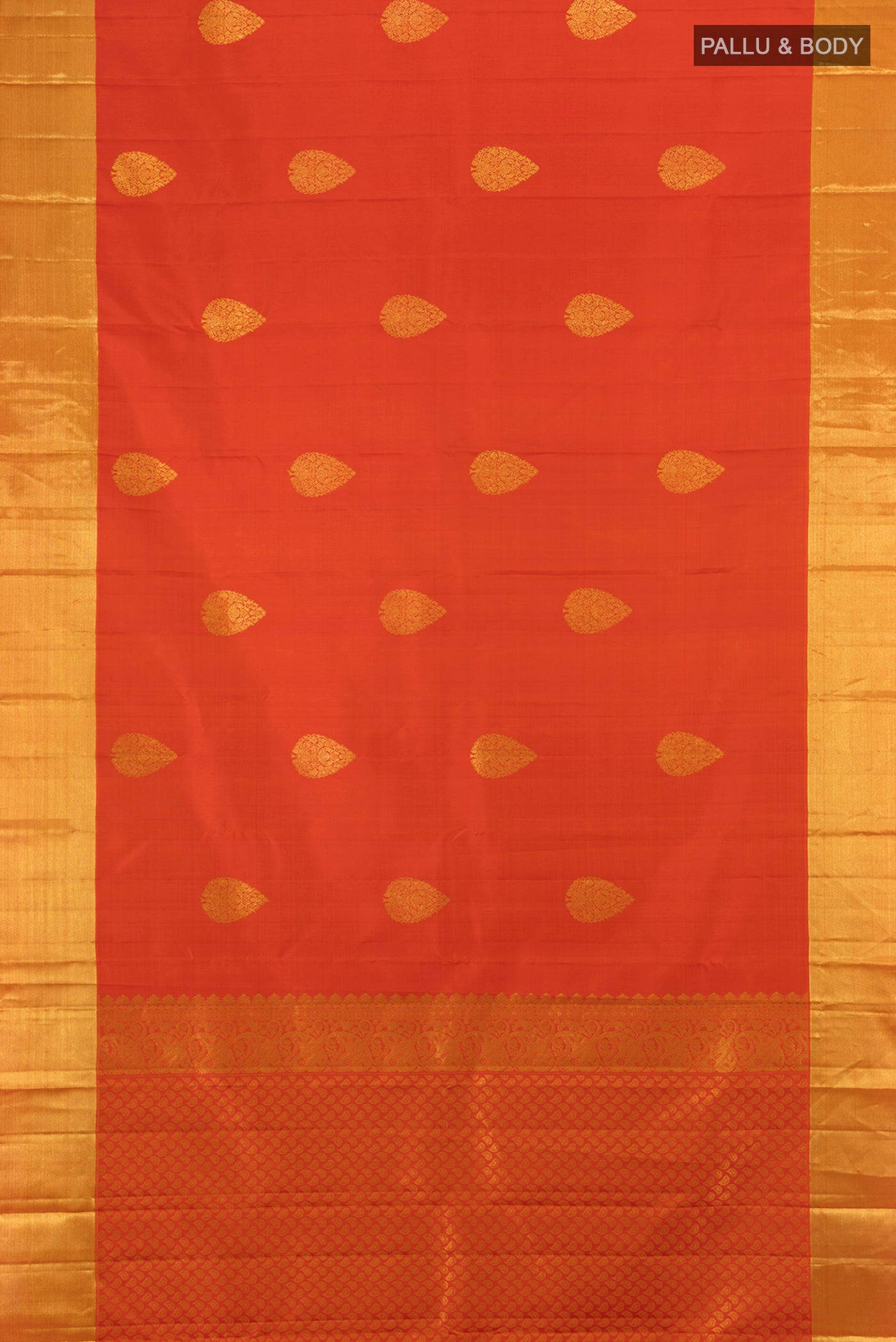 Flat view of Orange Kanchipuram Silk Saree with Zari Butta on the body and Zari Border. 