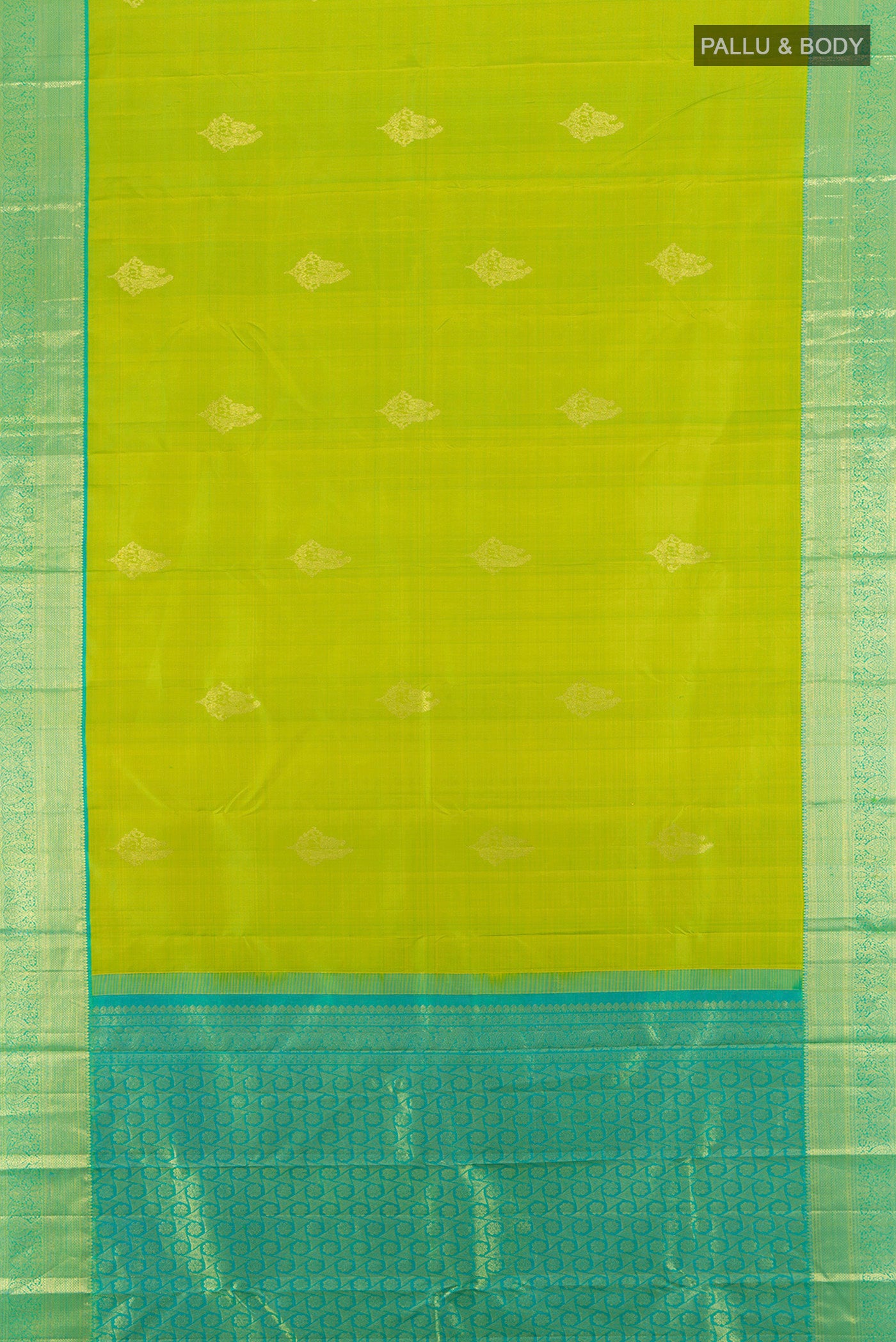 Flat view of Parrot Green Kanchipuram Silk Saree with Zari Butta on the body and Silk Border. 