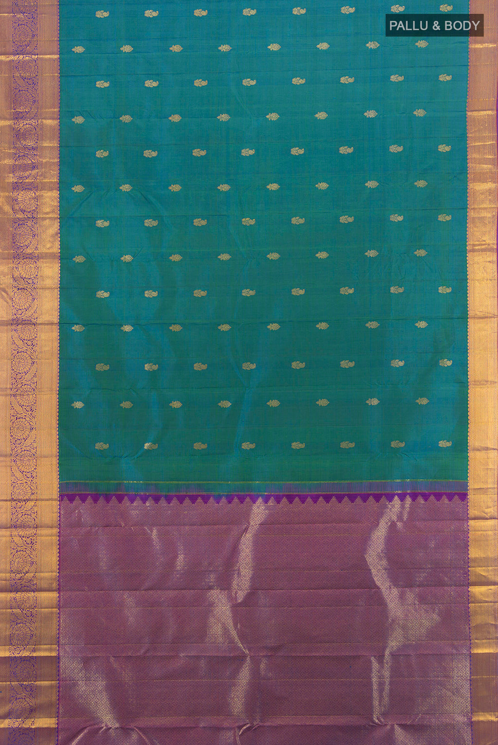 Flat view of Peacock Blue Kanchipuram Silk Saree with Zari Butta on the body and Zari Border. 