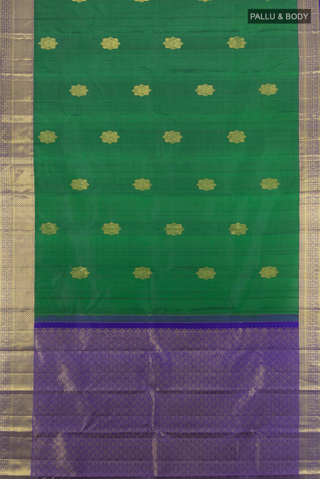 Flat view of Green Kanchipuram Silk Saree with Zari Butta on the body and Zari Border. 