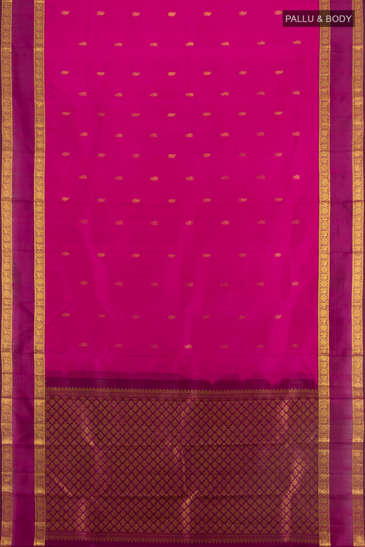 Flat view of Pure Silk Pink Kanchipuram Saree with Zari Butta on the body and Zari Border. 