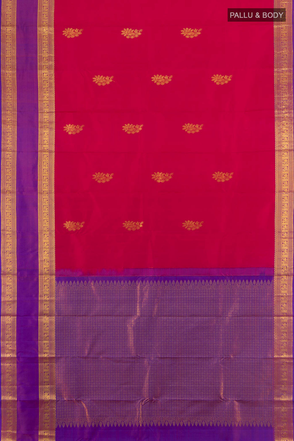Flat view of Dark Pink Kanchipuram Silk Saree with Zari Butta on the body and Zari Border. 