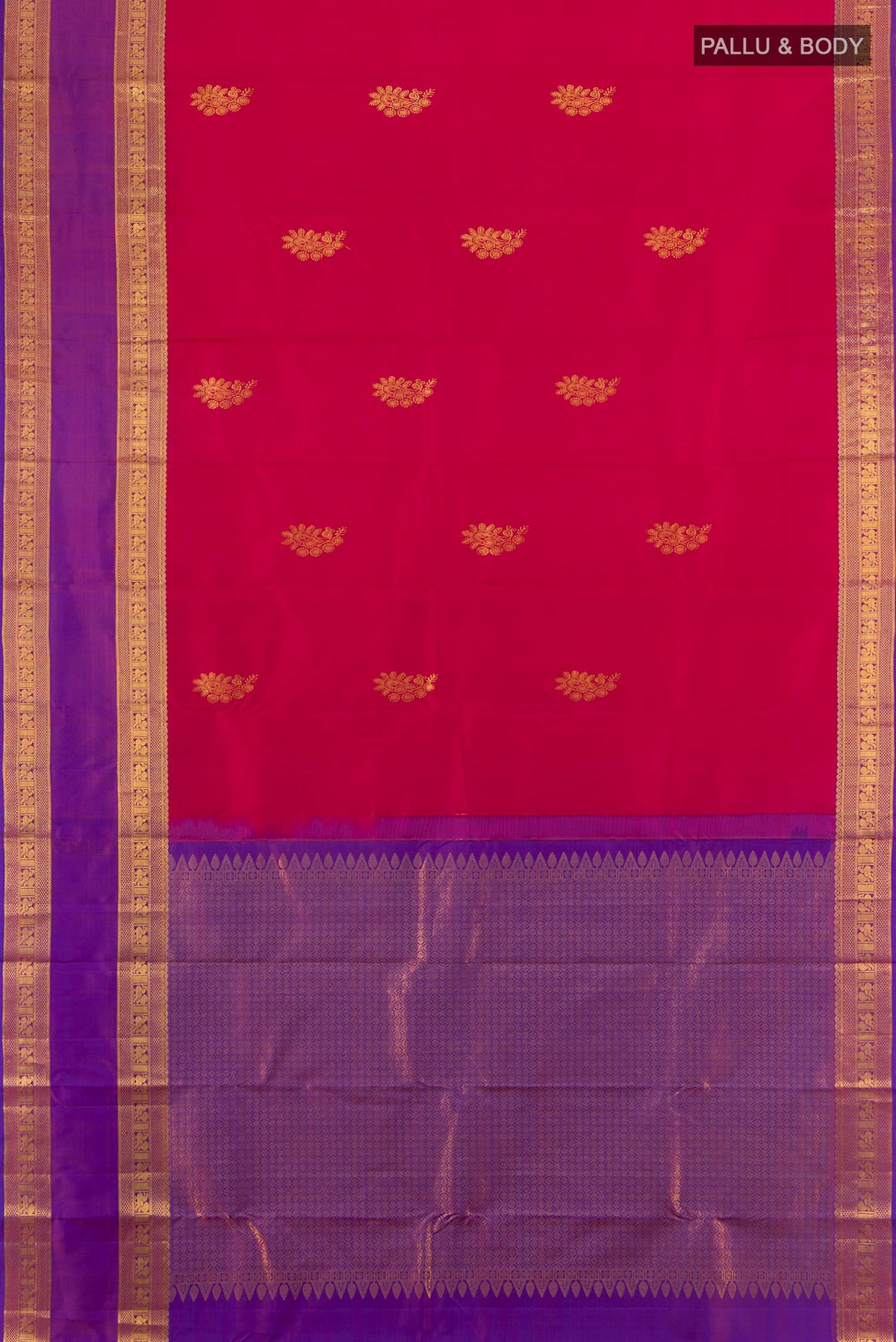 Flat view of Dark Pink Kanchipuram Silk Saree with Zari Butta on the body and Zari Border. 