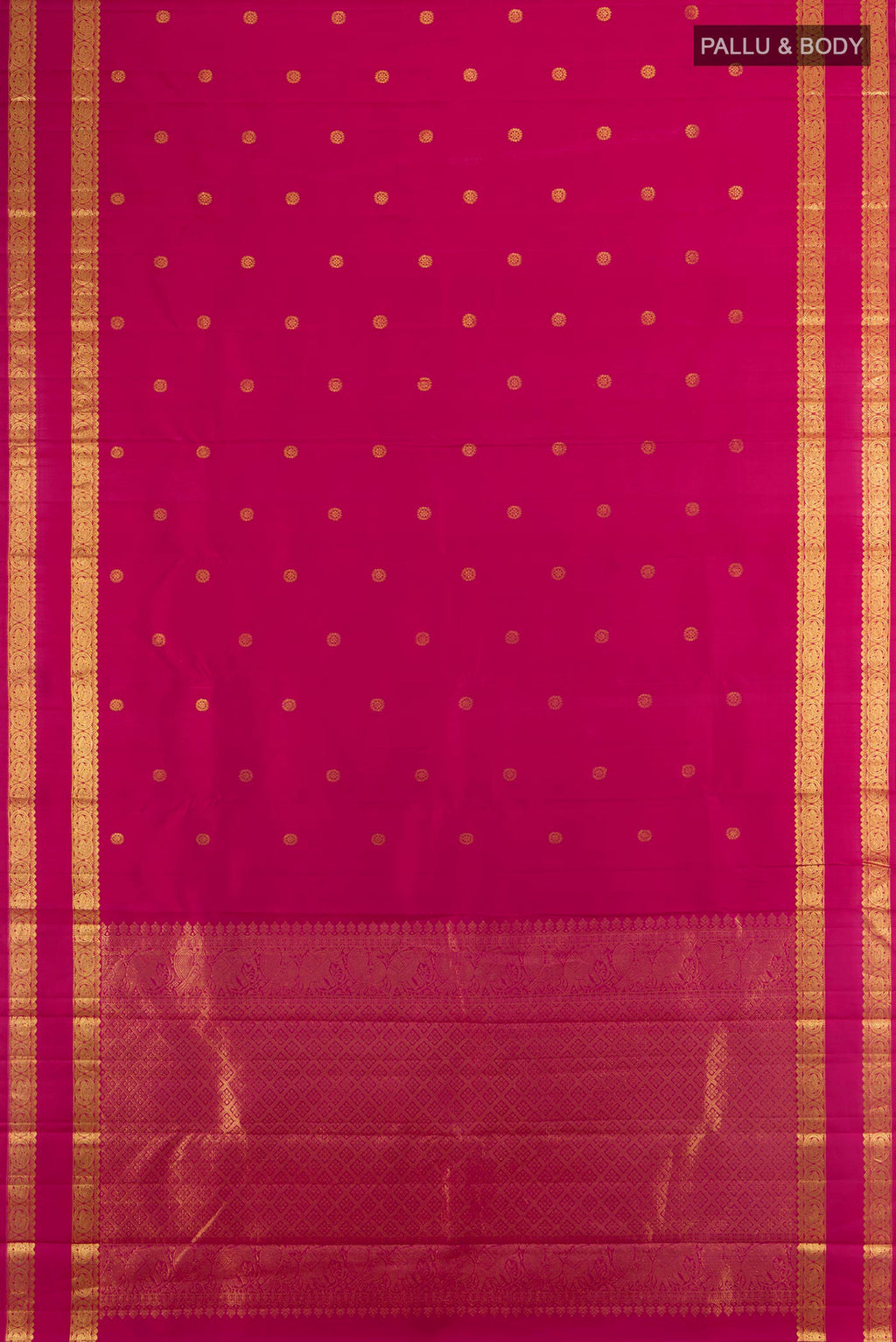 Flat view of Pure Silk Magenta Kanchipuram Saree with Zari Butta on the body and Zari Border. 