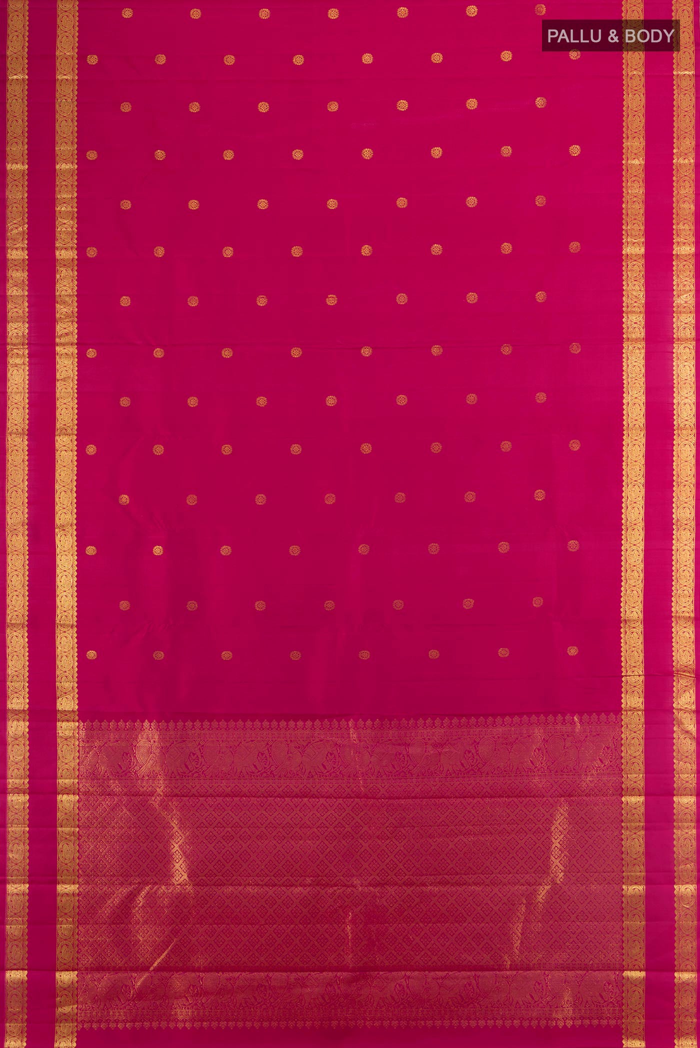 Flat view of Pure Silk Magenta Kanchipuram Saree with Zari Butta on the body and Zari Border. 