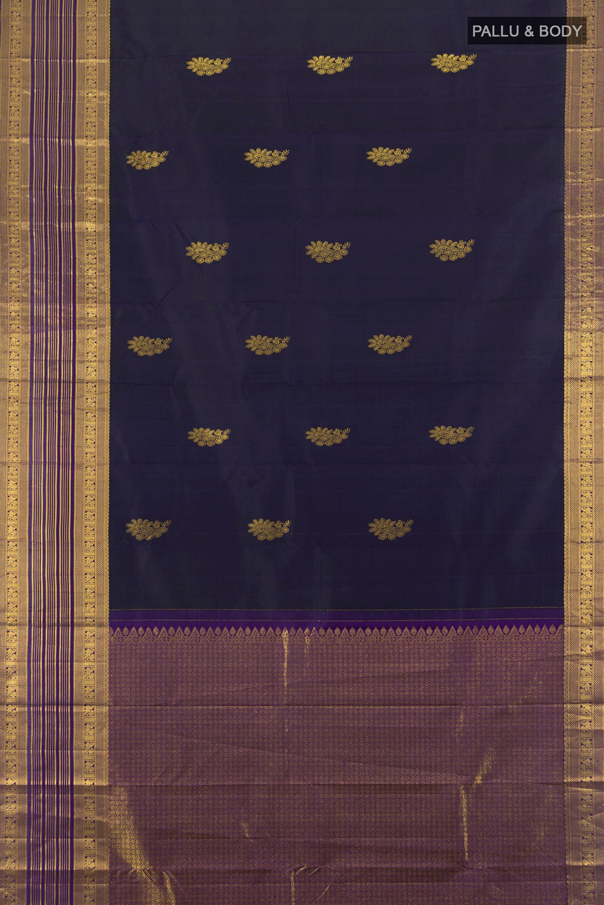 Flat view of Navy Blue Kanchipuram Silk Saree with Zari Butta on the body and Zari Border. 