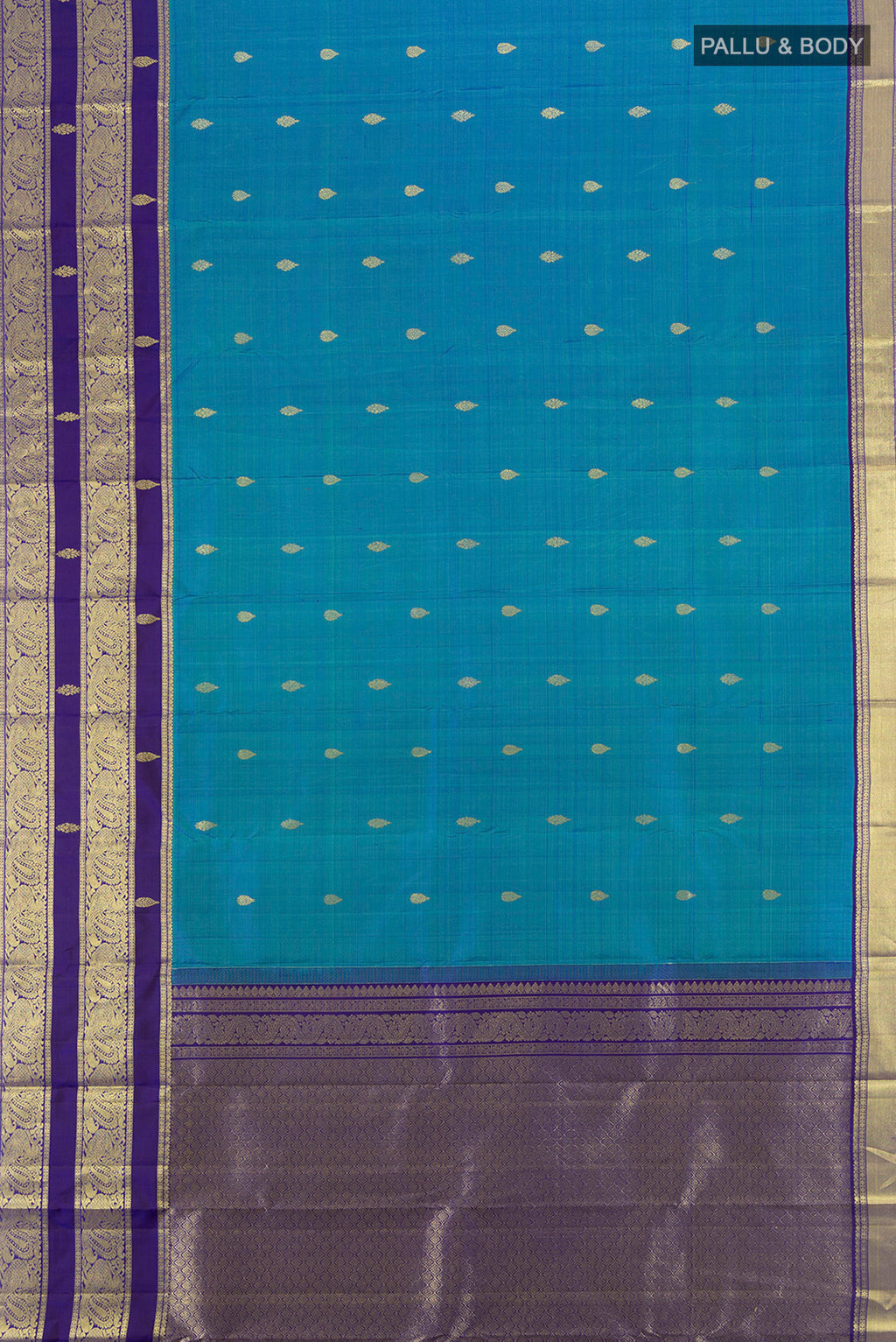 Flat view of Peacock Blue Kanchipuram Silk Saree with Zari Butta on the body and Silk Border. 