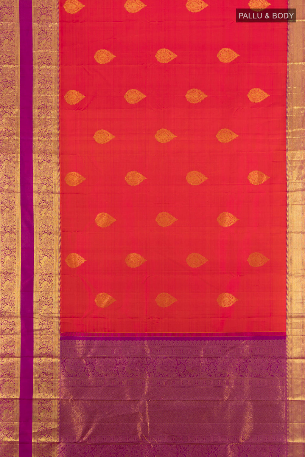 Flat view of Brick Orange Kanchipuram Silk Saree with Zari Butta on the body and Zari Border. 