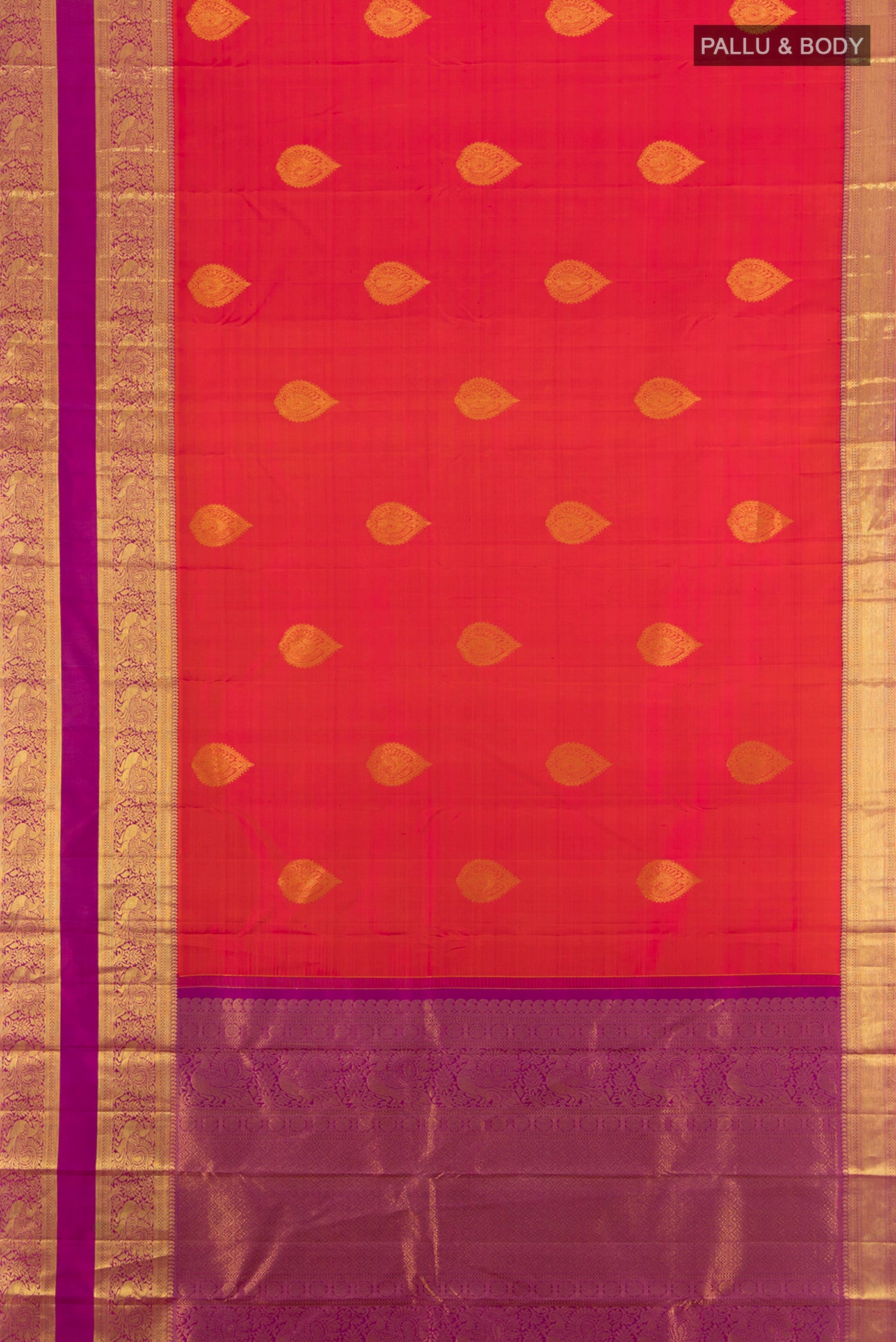 Flat view of Brick Orange Kanchipuram Silk Saree with Zari Butta on the body and Zari Border. 