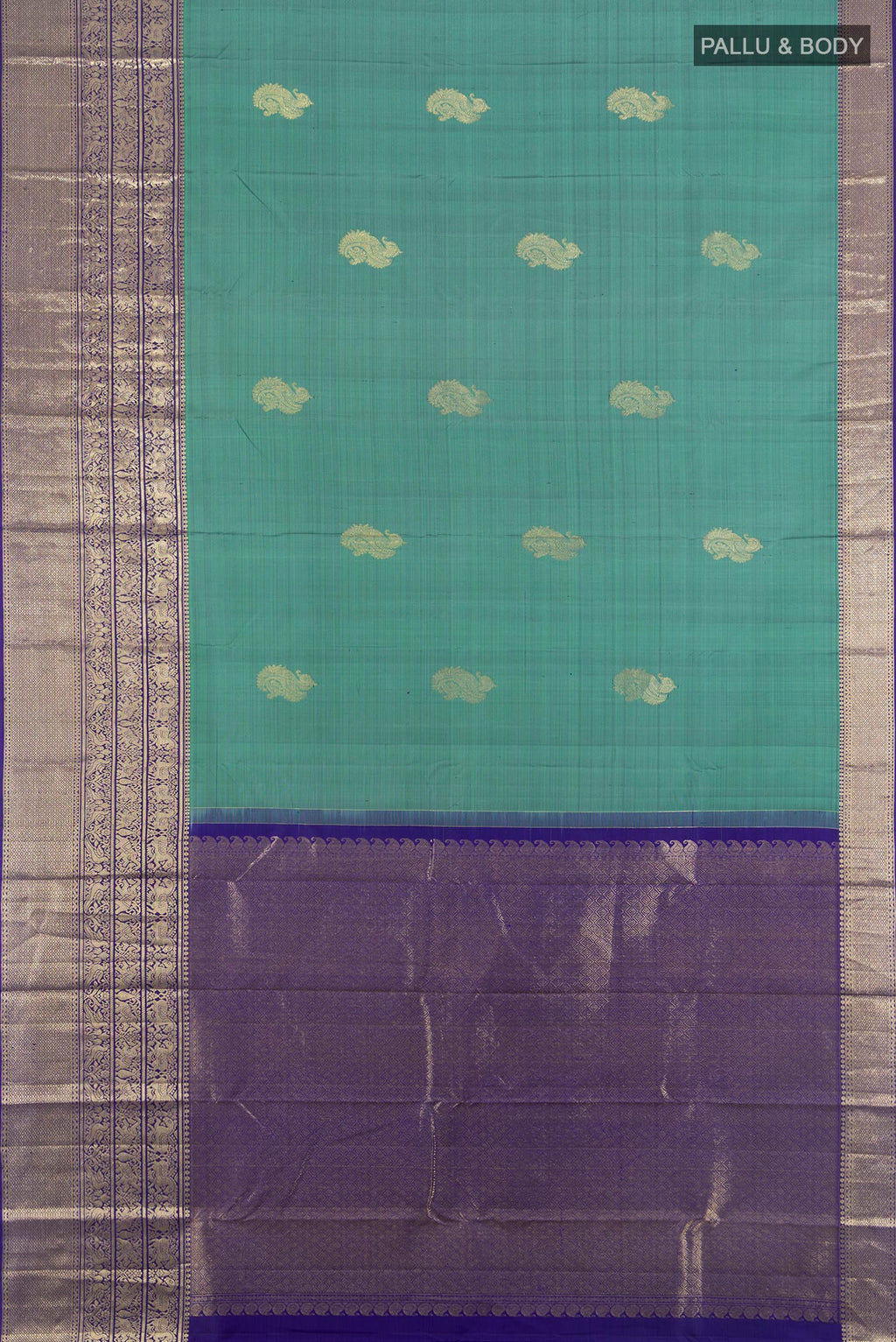 Flat view of Pure Silk Sea Green Kanchipuram Saree with Zari Butta on the body and Zari Border. 