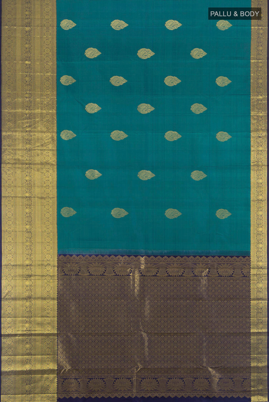 Flat view of Peacock Blue Kanchipuram Silk Saree with Zari Butta on the body and Zari Border. 