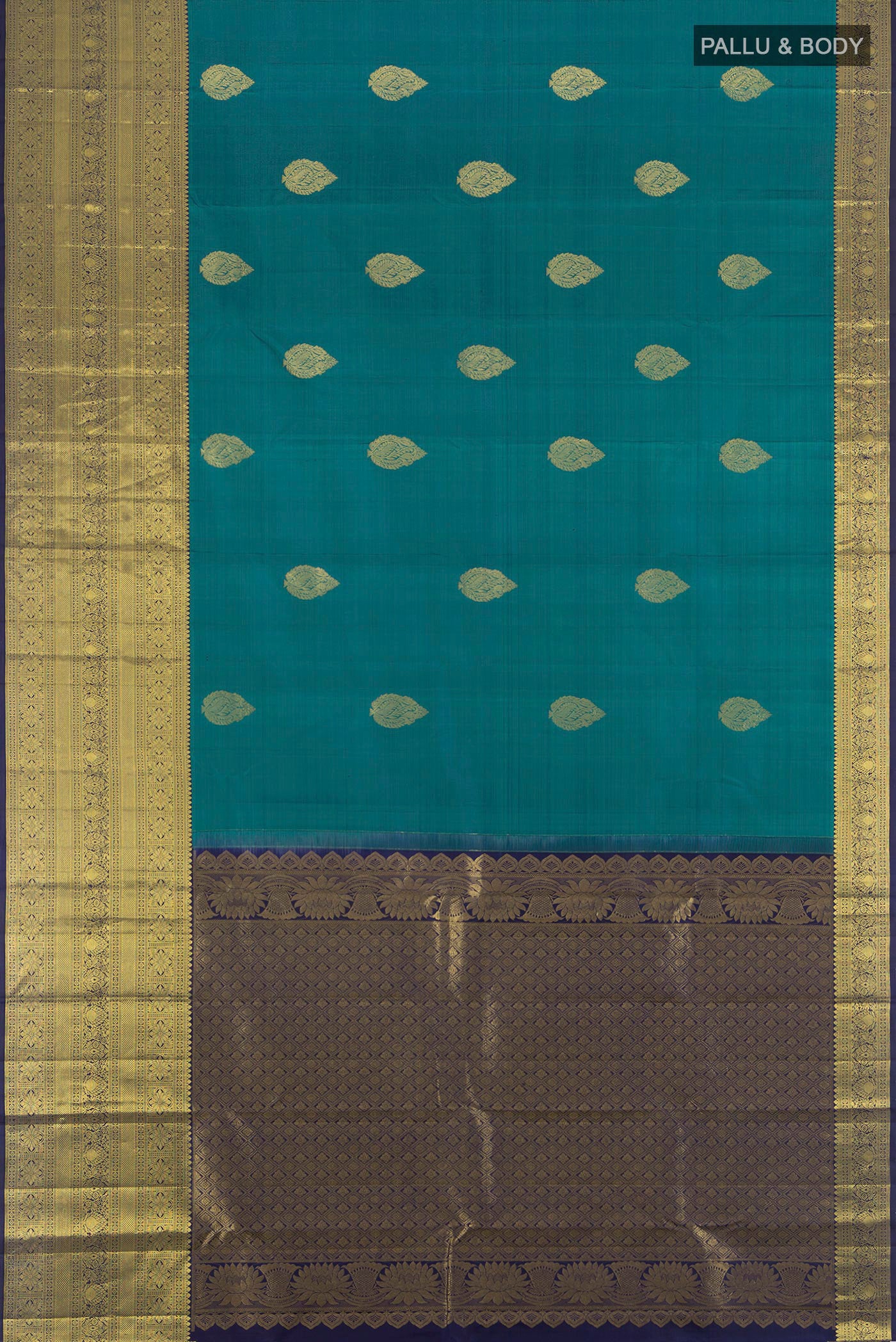 Flat view of Peacock Blue Kanchipuram Silk Saree with Zari Butta on the body and Zari Border. 