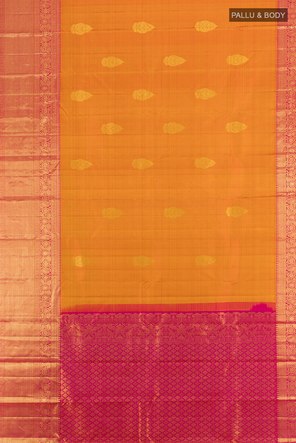 Flat view of Mustard Kanchipuram Silk Saree with Zari Butta on the body and Zari Border. 