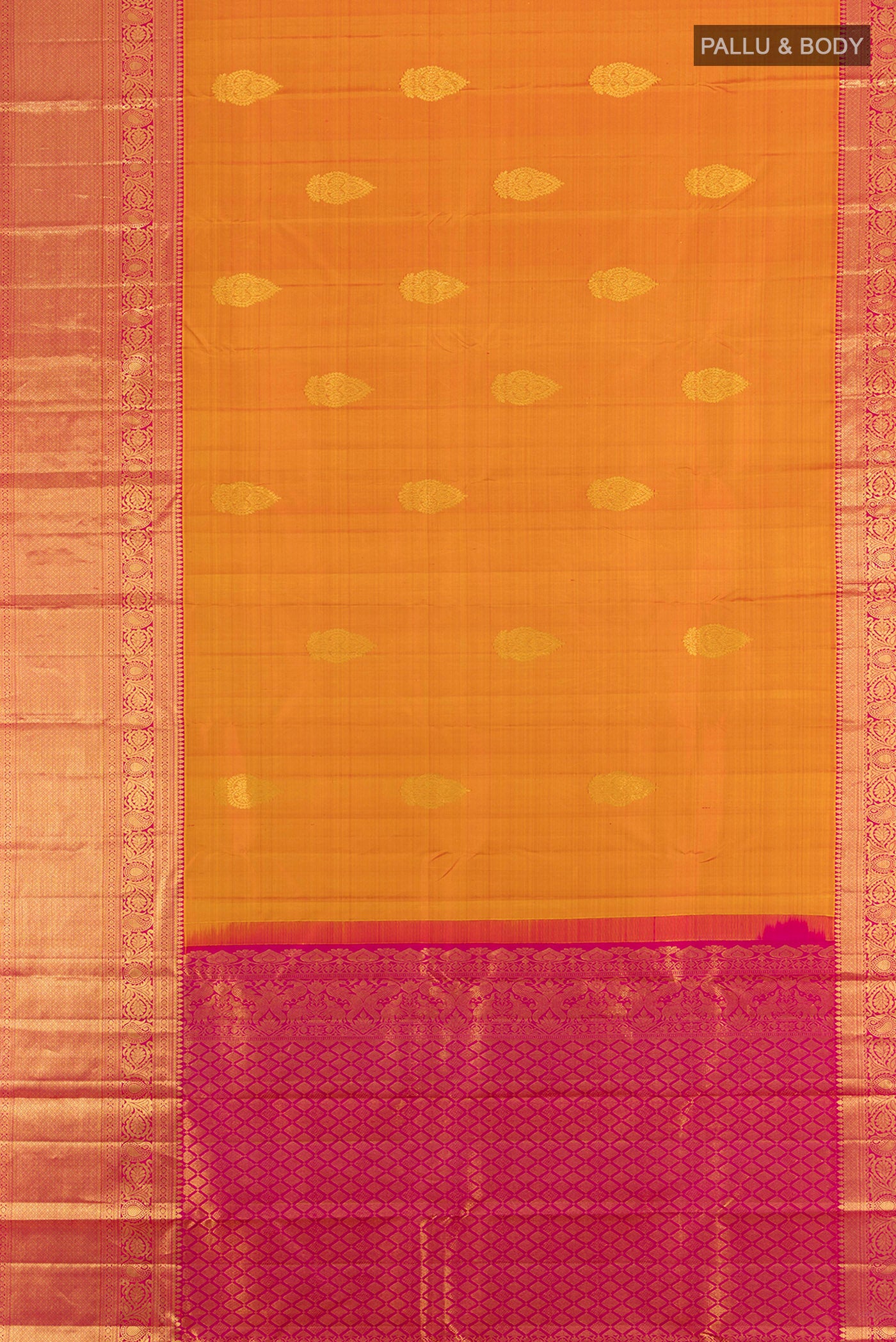 Flat view of Mustard Kanchipuram Silk Saree with Zari Butta on the body and Zari Border. 