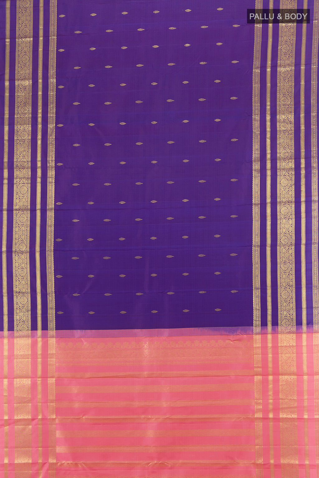 Flat view of Violet Kanchipuram Silk Saree with Zari Butta on the body and Zari Border. 