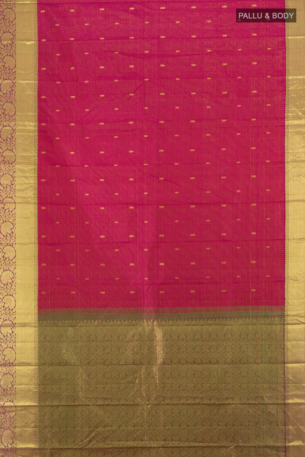 Flat view of Pink Kanchipuram Silk Saree with Zari Butta on the body and Zari Border. 
