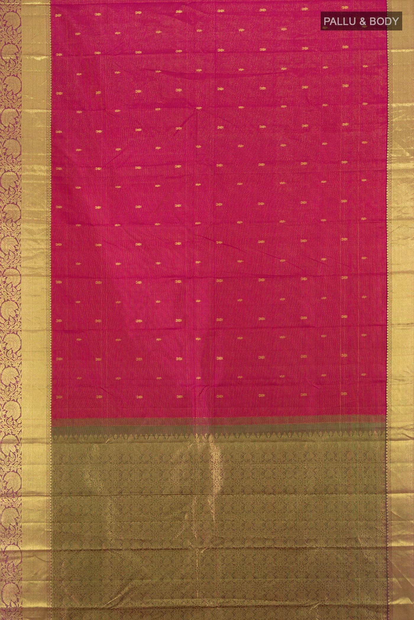 Flat view of Pink Kanchipuram Silk Saree with Zari Butta on the body and Zari Border. 