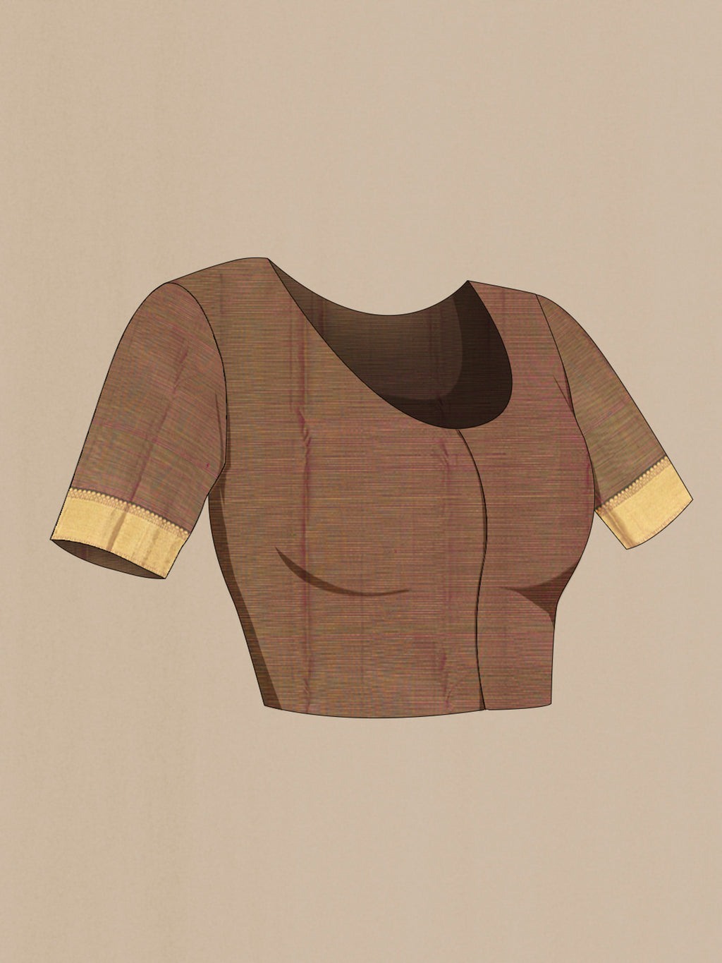 Close up image of the blouse of Maroon Kanchipuram Silk Saree with Zari Butta on the body and Zari Border. 