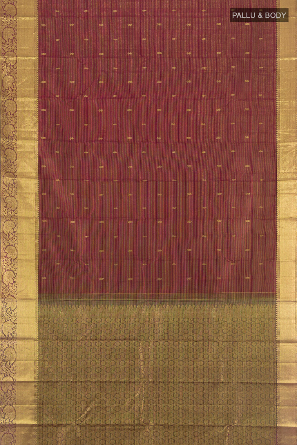 Flat view of Maroon Kanchipuram Silk Saree with Zari Butta on the body and Zari Border. 