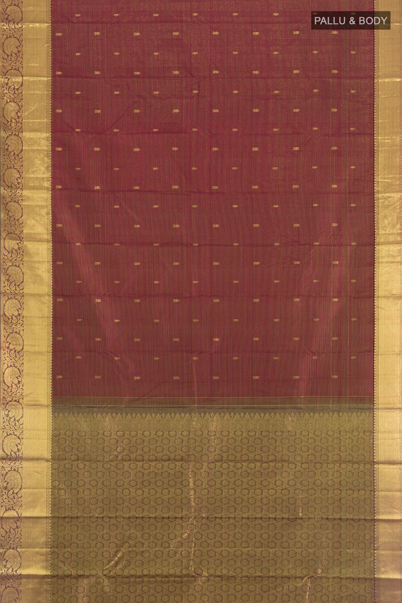 Flat view of Maroon Kanchipuram Silk Saree with Zari Butta on the body and Zari Border. 