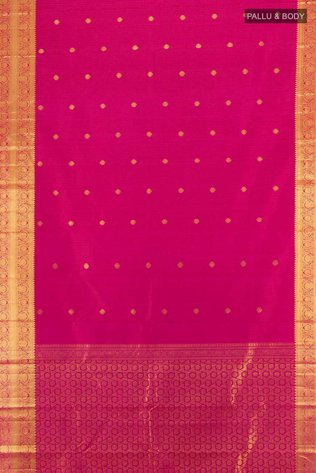 Flat view of Dark Pink Kanchipuram Silk Saree with Zari Butta on the body and Zari Border. 