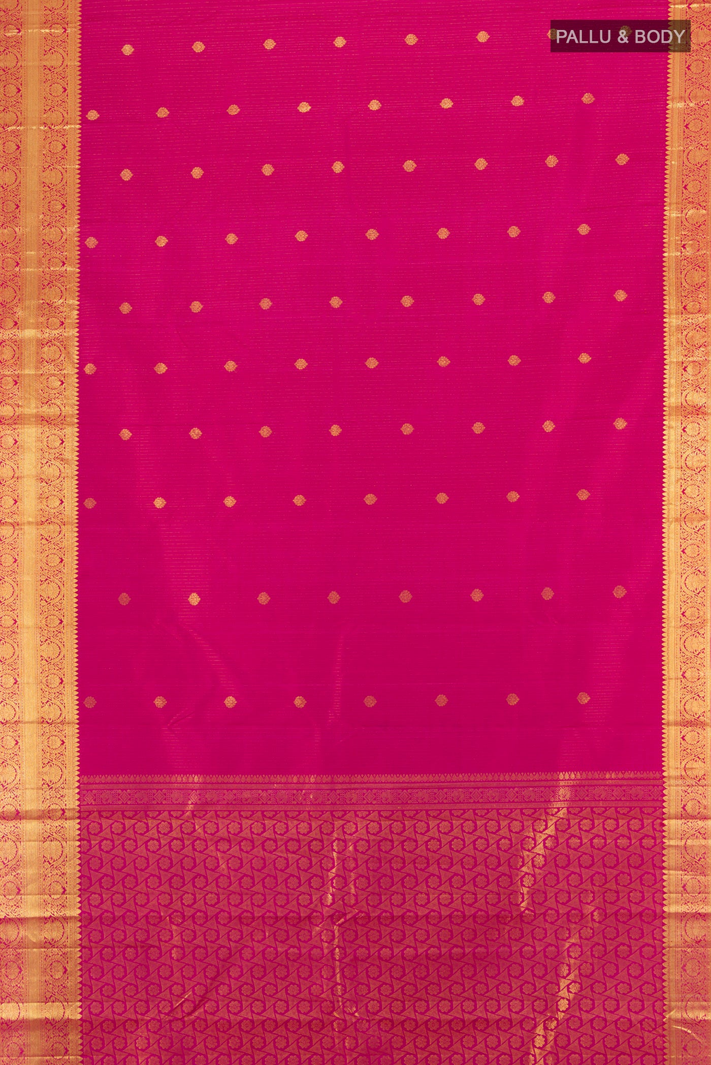 Flat view of Dark Pink Kanchipuram Silk Saree with Zari Butta on the body and Zari Border. 