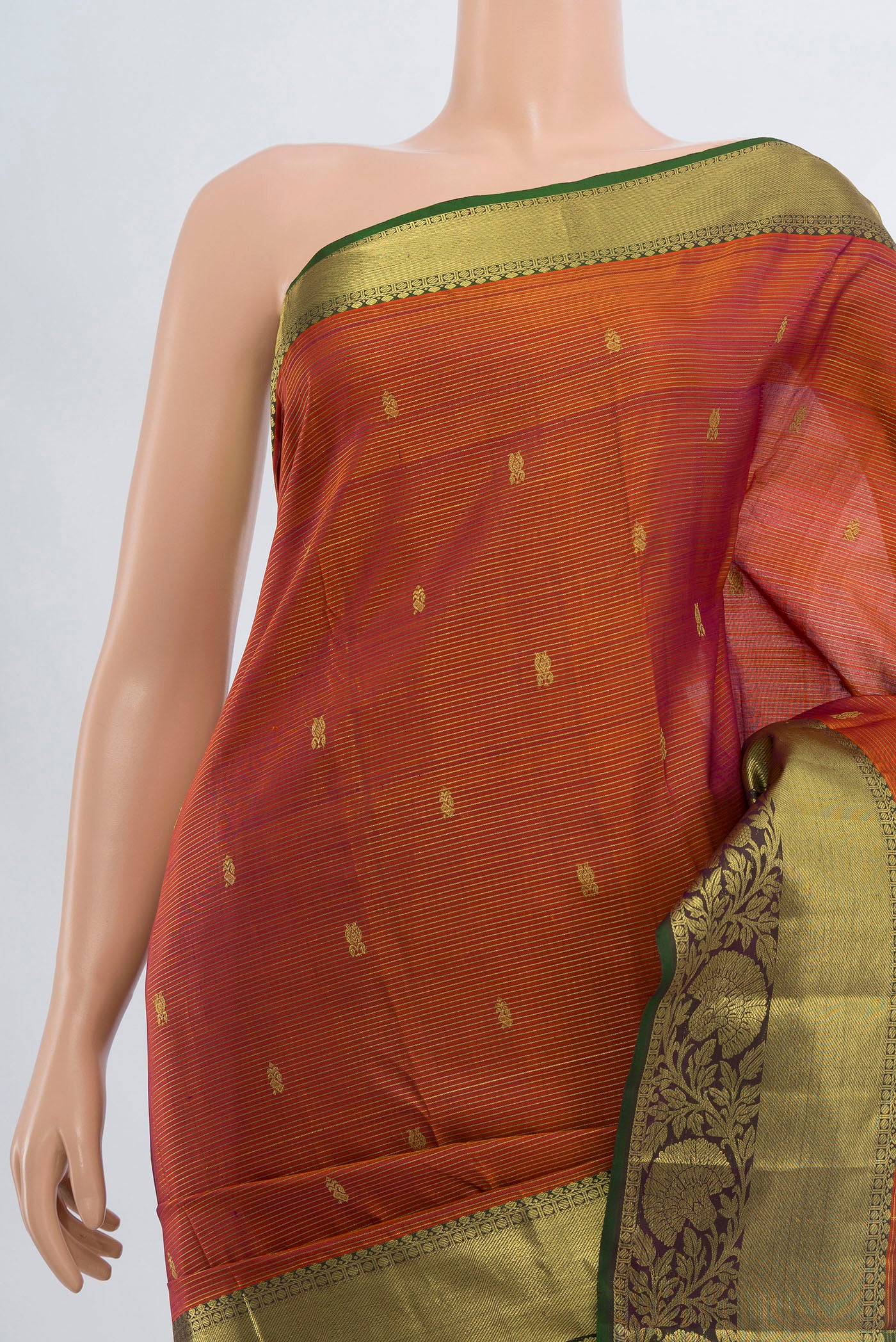 Border image of Pure Silk Pure Zari Rust Kanchipuram Saree with Zari Butta on the body and Silk Border. 