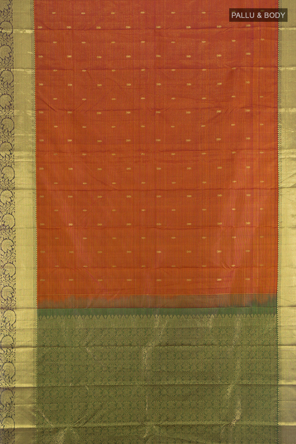 Flat view of Pure Silk Pure Zari Rust Kanchipuram Saree with Zari Butta on the body and Silk Border. 
