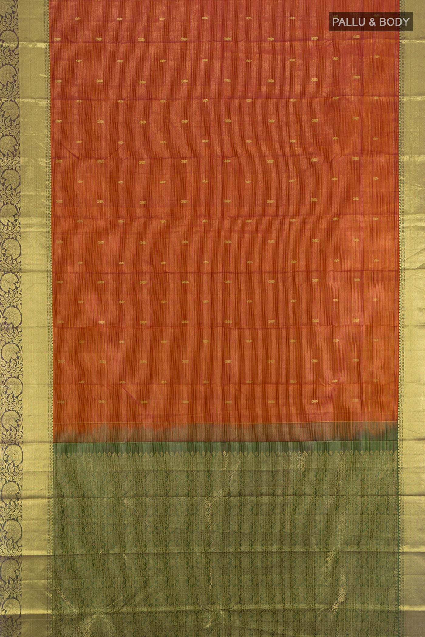 Flat view of Pure Silk Pure Zari Rust Kanchipuram Saree with Zari Butta on the body and Silk Border. 