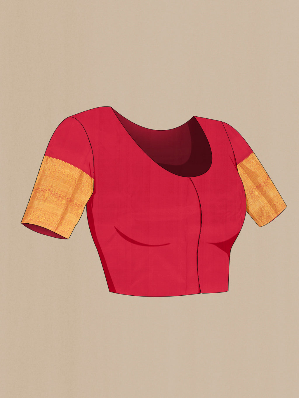 Close up image of the blouse of Red Kanchipuram Silk Saree with Zari Butta on the body and Zari Border. 
