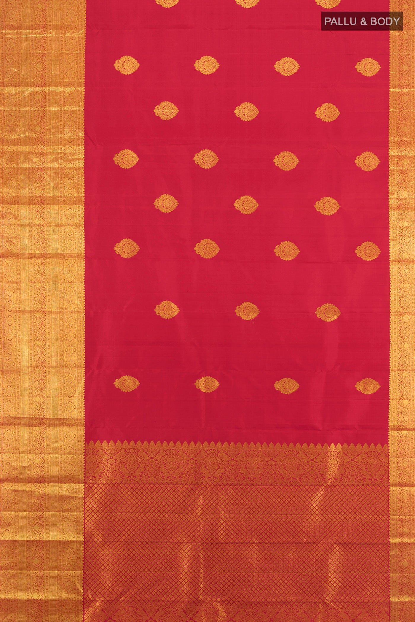 Flat view of Red Kanchipuram Silk Saree with Zari Butta on the body and Zari Border. 