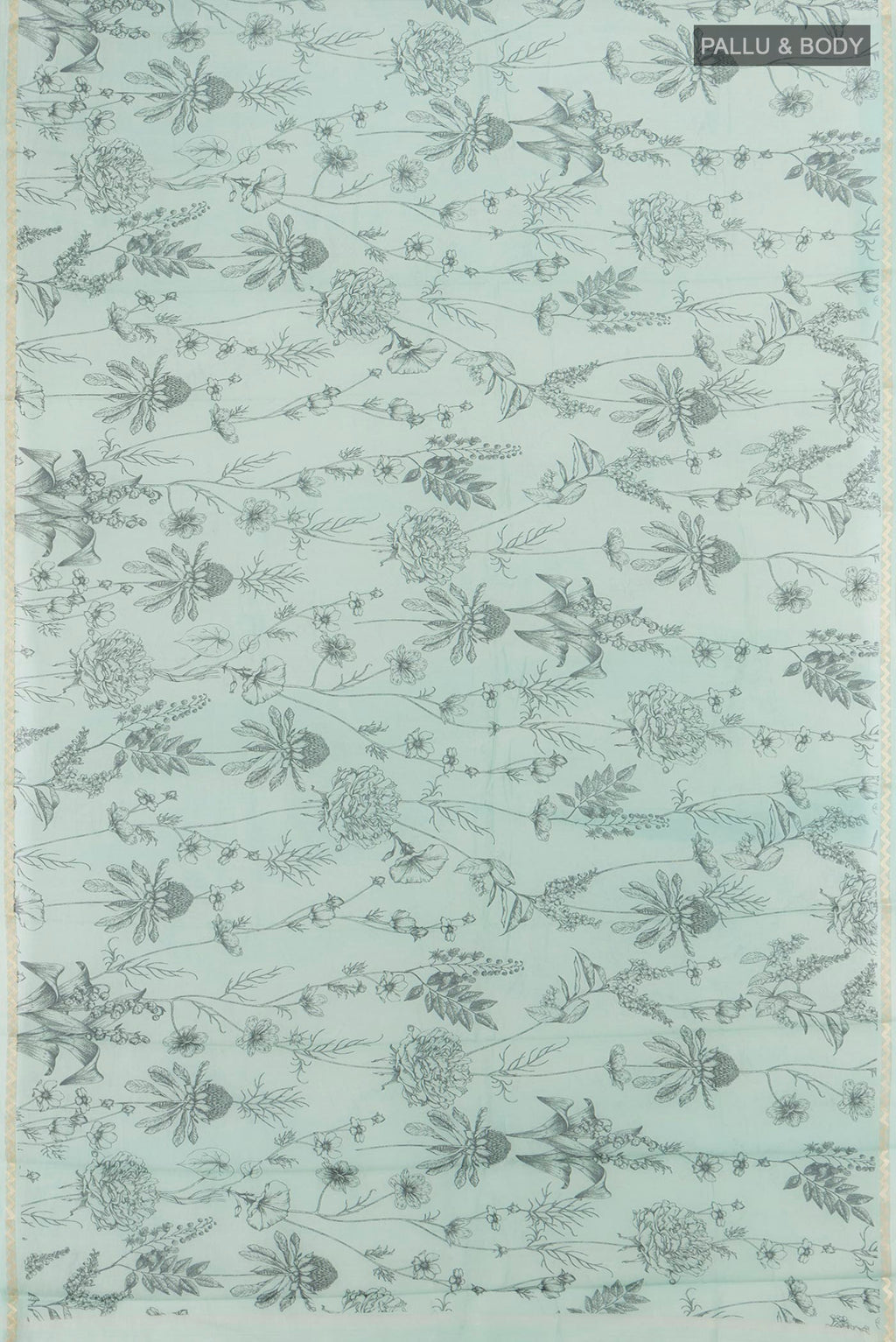 Flat view of Light Blue Maheshwari Silk Cotton Saree with Floral Print on the body and Zari Border. 