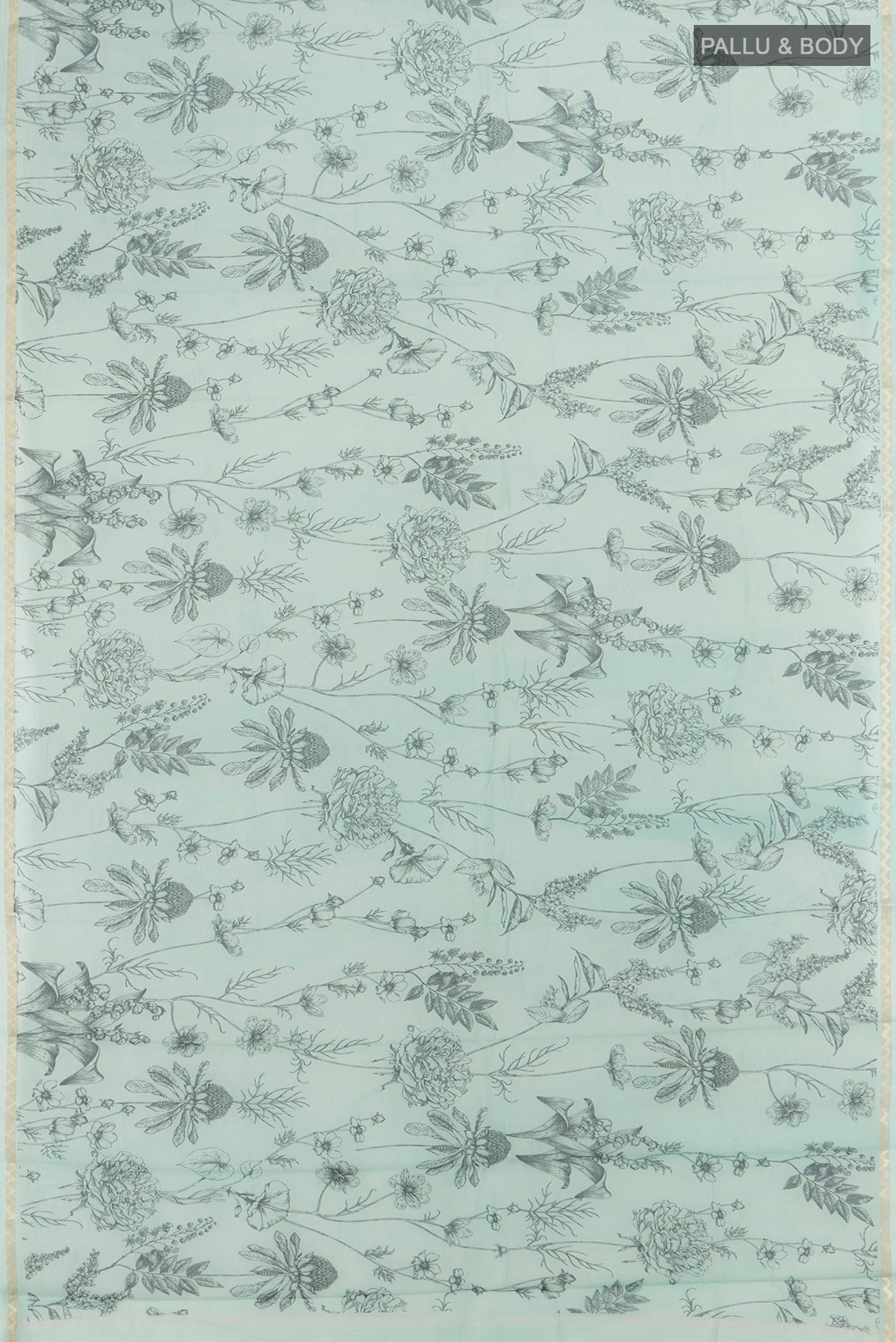 Flat view of Light Blue Maheshwari Silk Cotton Saree with Floral Print on the body and Zari Border. 
