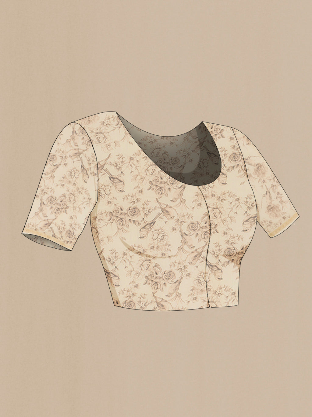 Close up image of the blouse of Cream Maheshwari Silk Cotton Saree with Plain Body and Printed Border. 