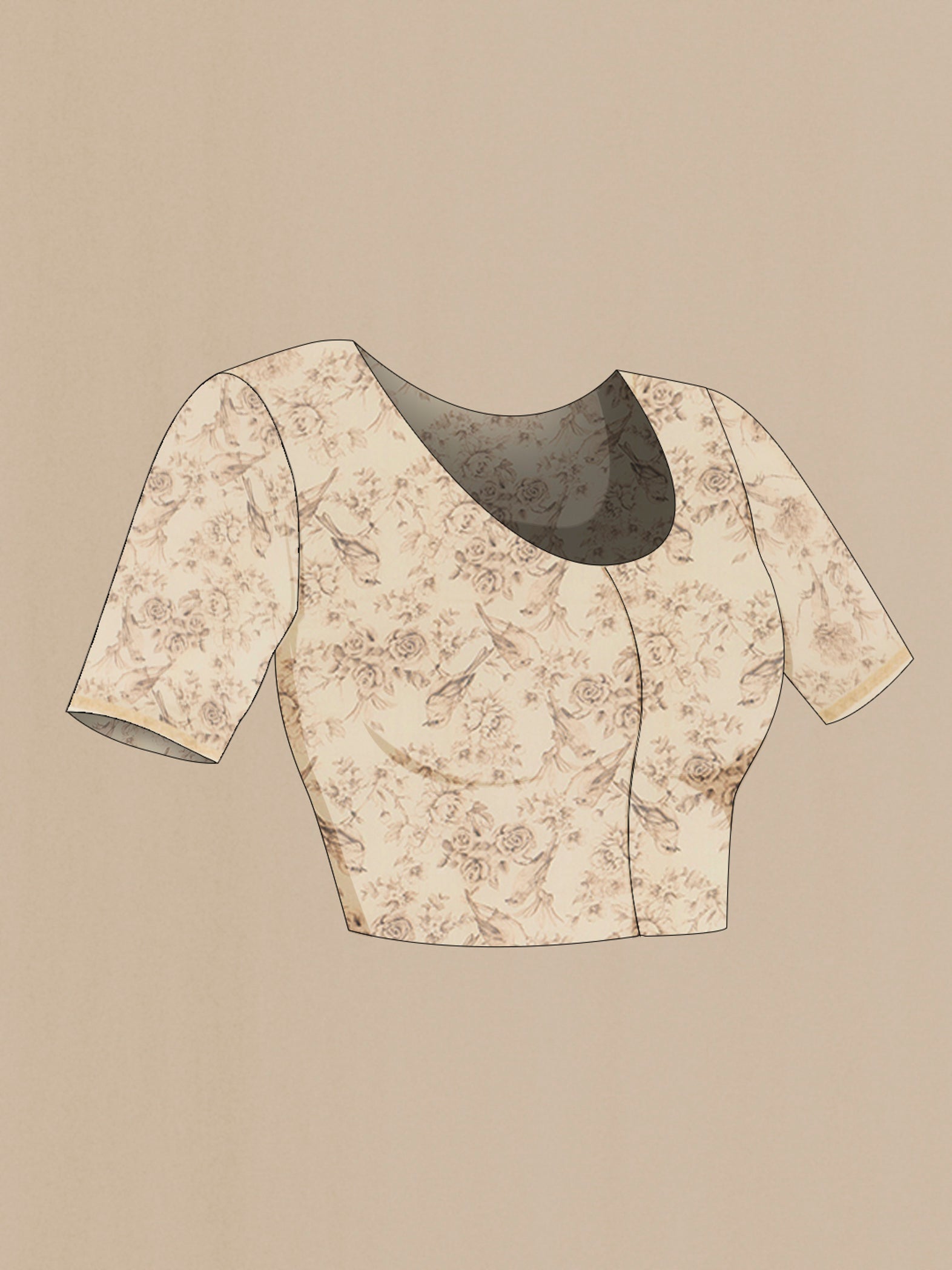 Close up image of the blouse of Cream Maheshwari Silk Cotton Saree with Plain Body and Printed Border. 