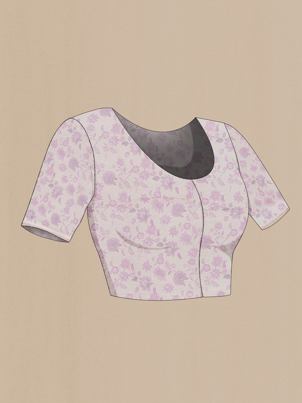 Close up image of the blouse of Cream Maheshwari Cotton Saree with Printed design on the body and Printed Border. 