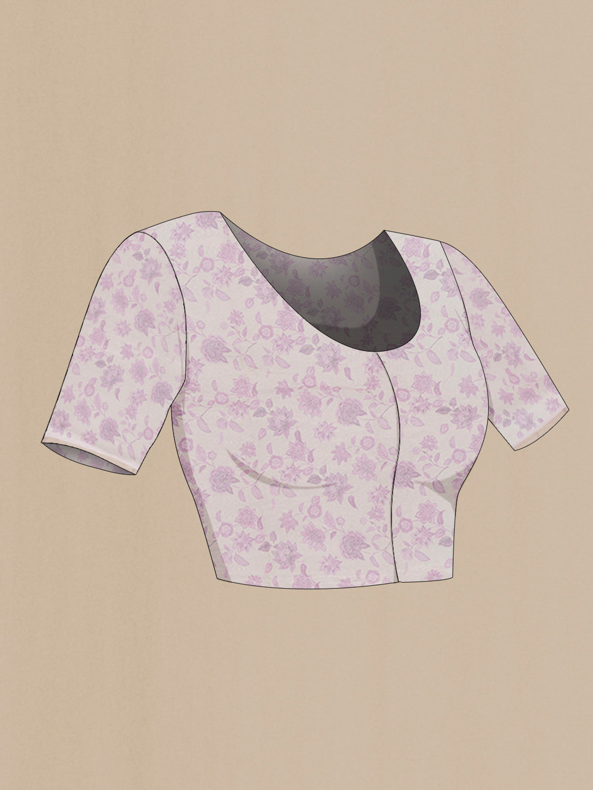 Close up image of the blouse of Cream Maheshwari Cotton Saree with Printed design on the body and Printed Border. 