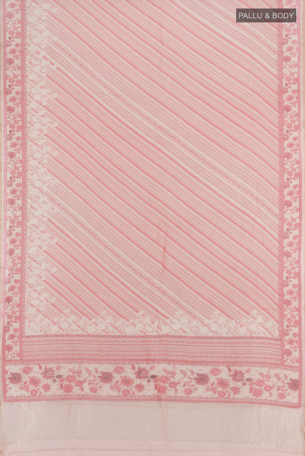 Flat view of Cream Tussar Silk Saree with Floral Print on the body and Plain Border. 