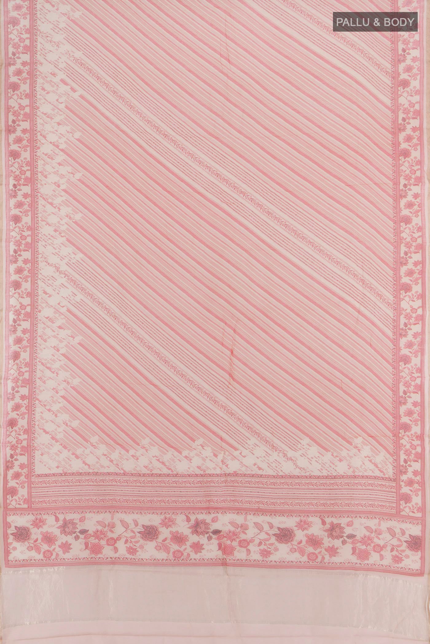 Flat view of Cream Tussar Silk Saree with Floral Print on the body and Plain Border. 