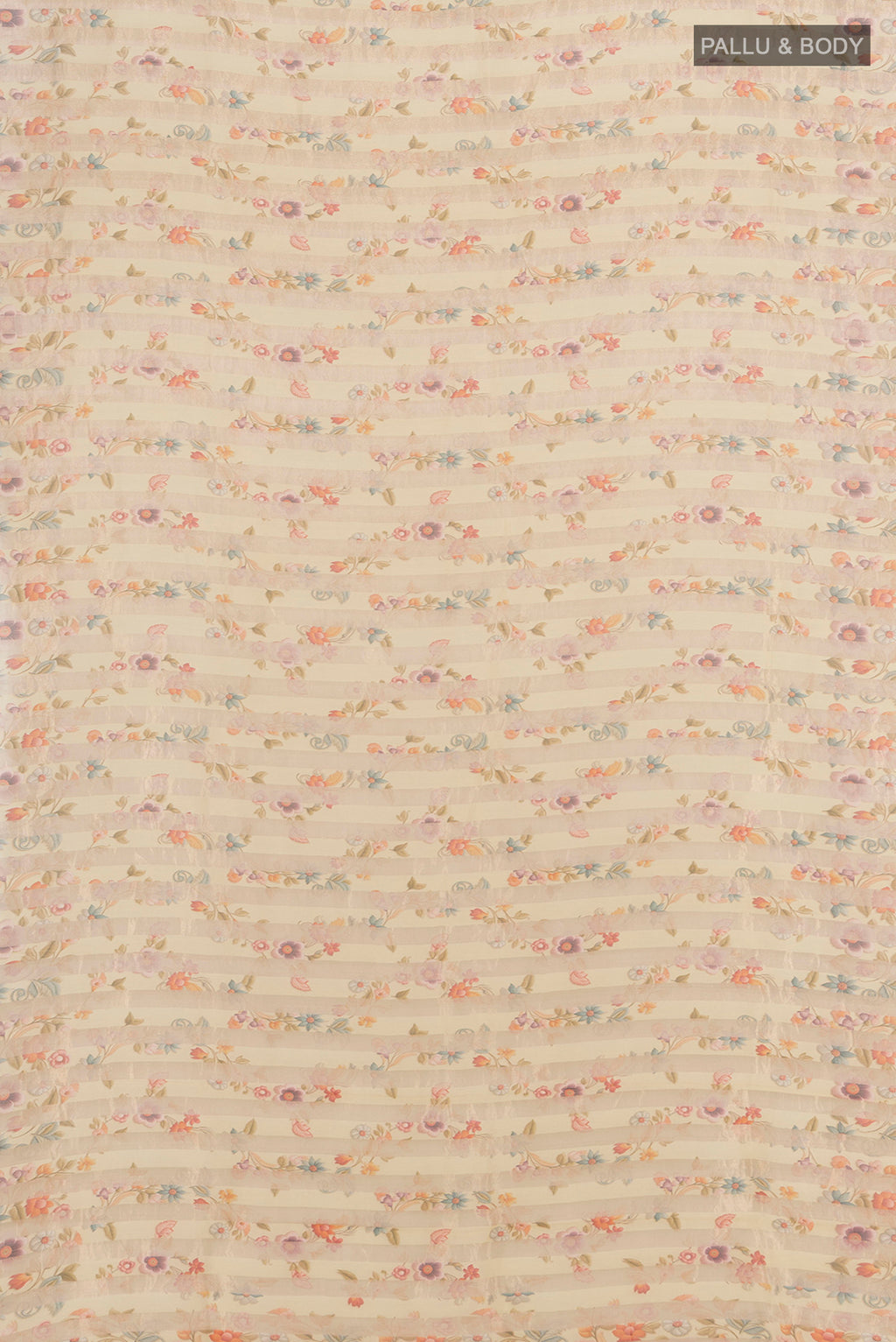Flat view of Cream Maheshwari Silk Cotton Saree with Floral Print on the body and Without Border. 