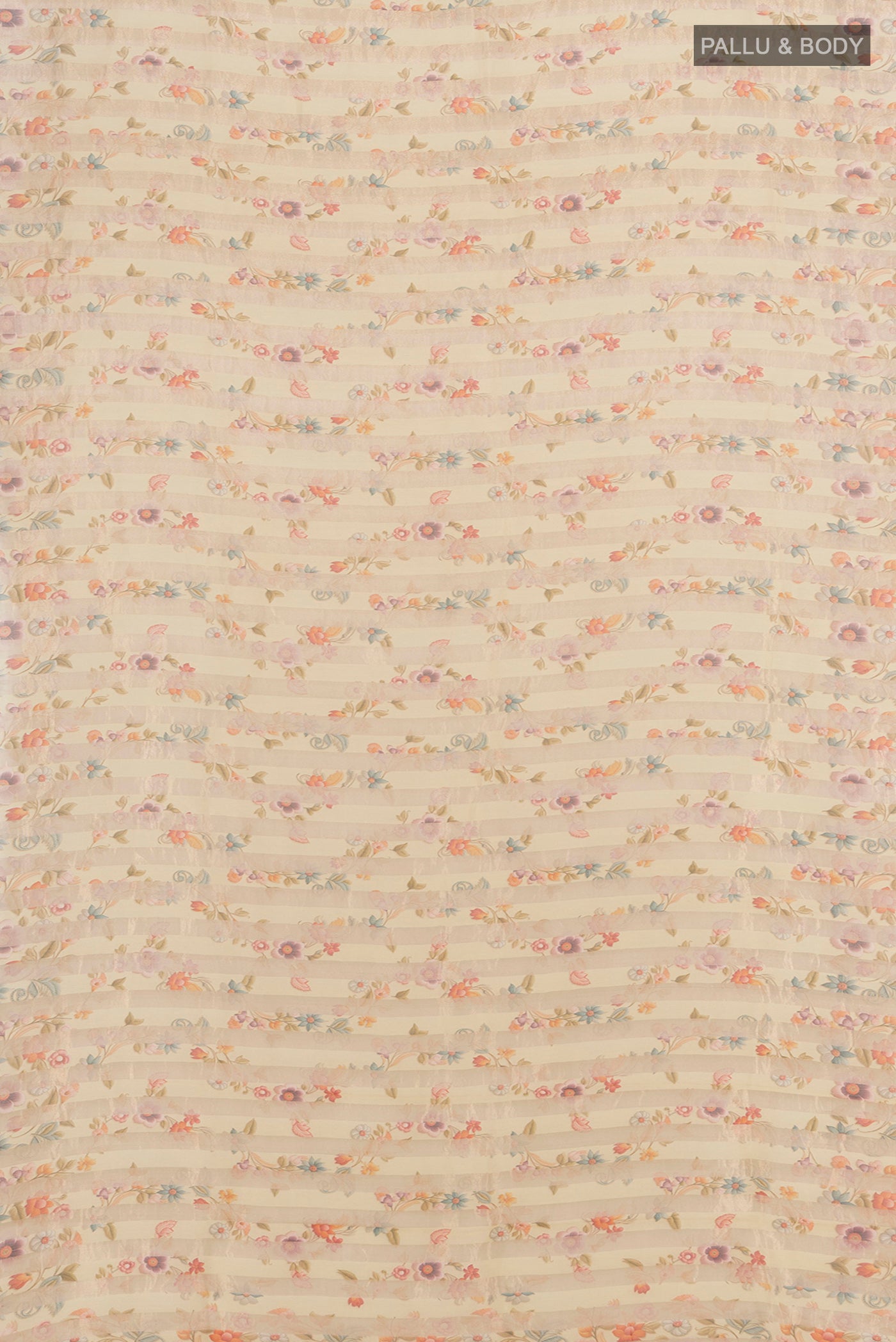 Flat view of Cream Maheshwari Silk Cotton Saree with Floral Print on the body and Without Border. 