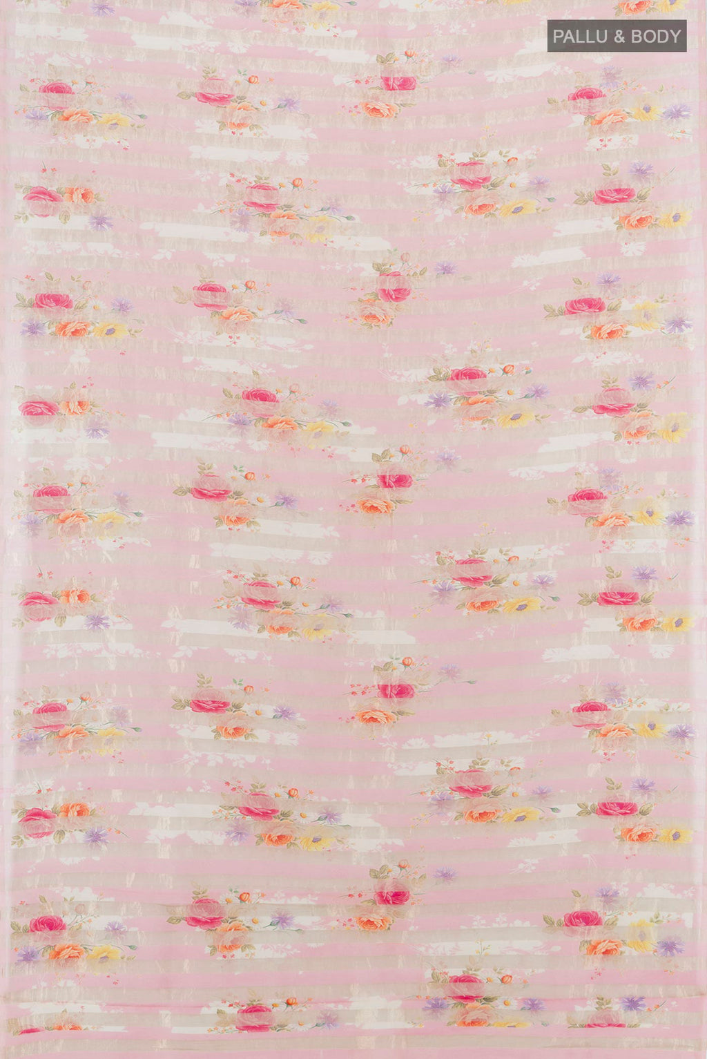 Flat view of Rose pink Organza Silk Saree with Half And Half on the body and Without Border. 