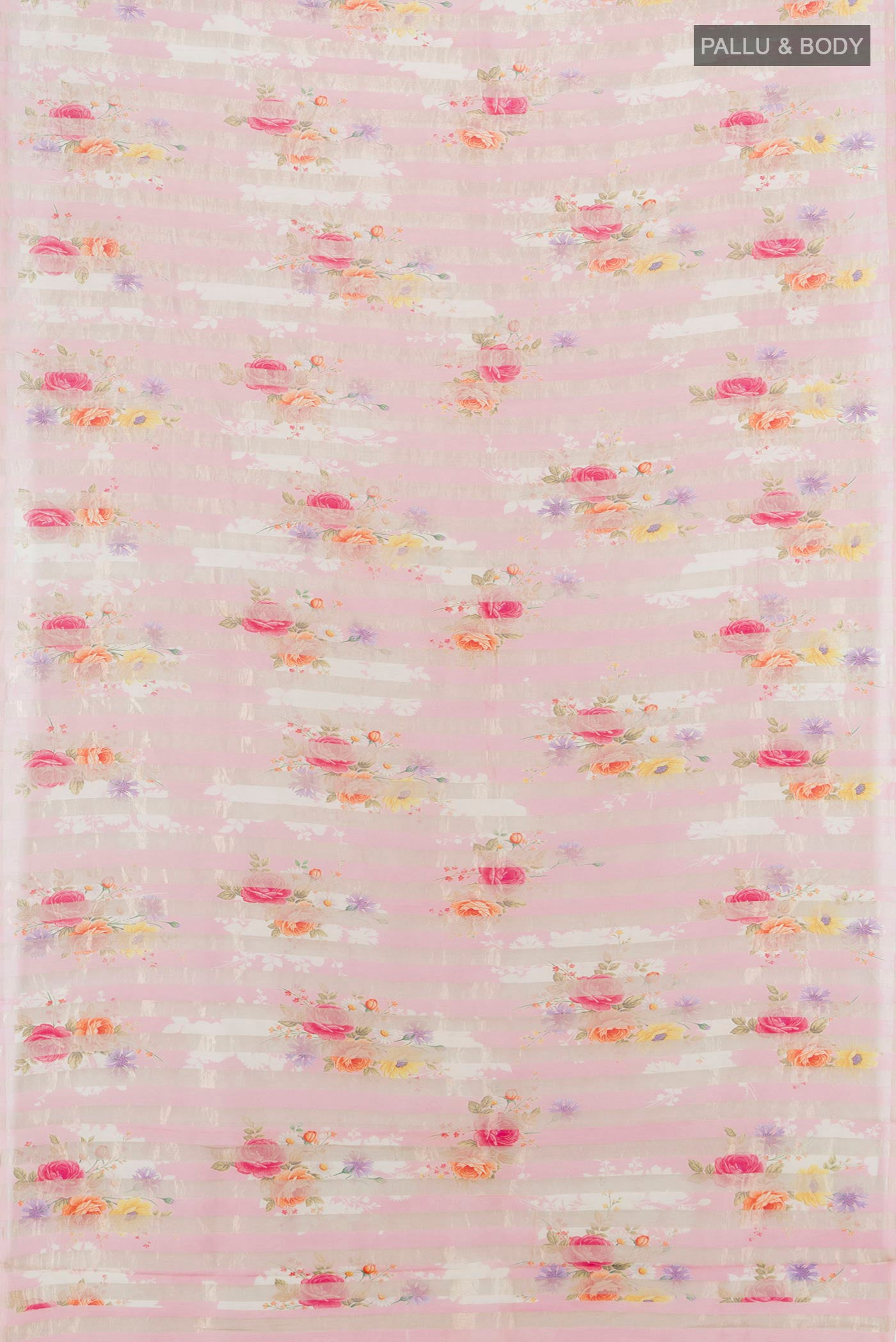 Flat view of Rose pink Organza Silk Saree with Half And Half on the body and Without Border. 