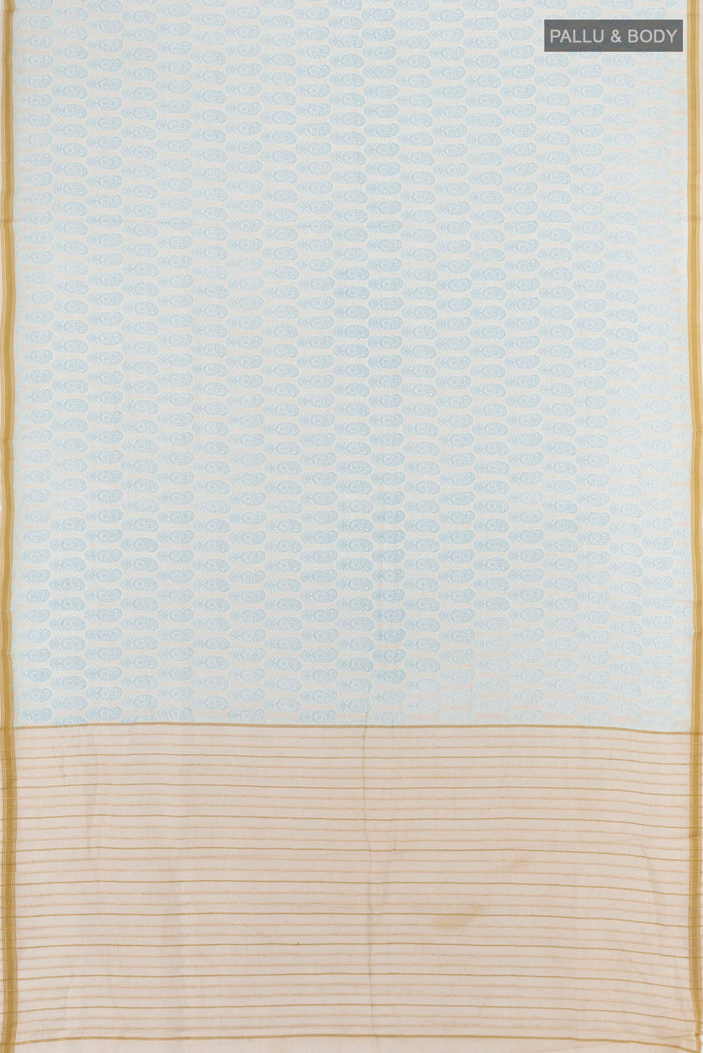 Flat view of Cream Tussar Silk Saree with Floral Print on the body and Plain Border. 
