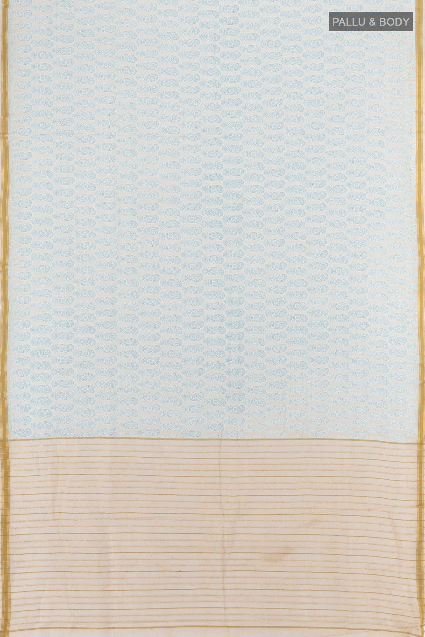 Flat view of Cream Tussar Silk Saree with Floral Print on the body and Plain Border. 