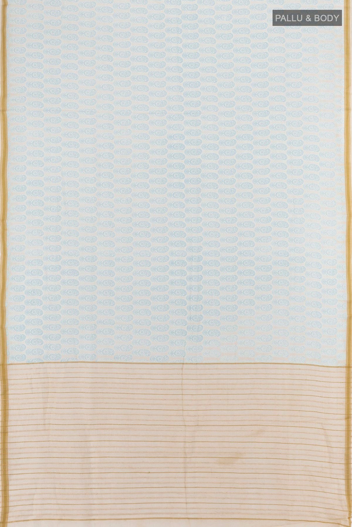Flat view of Cream Tussar Silk Saree with Floral Print on the body and Plain Border. 